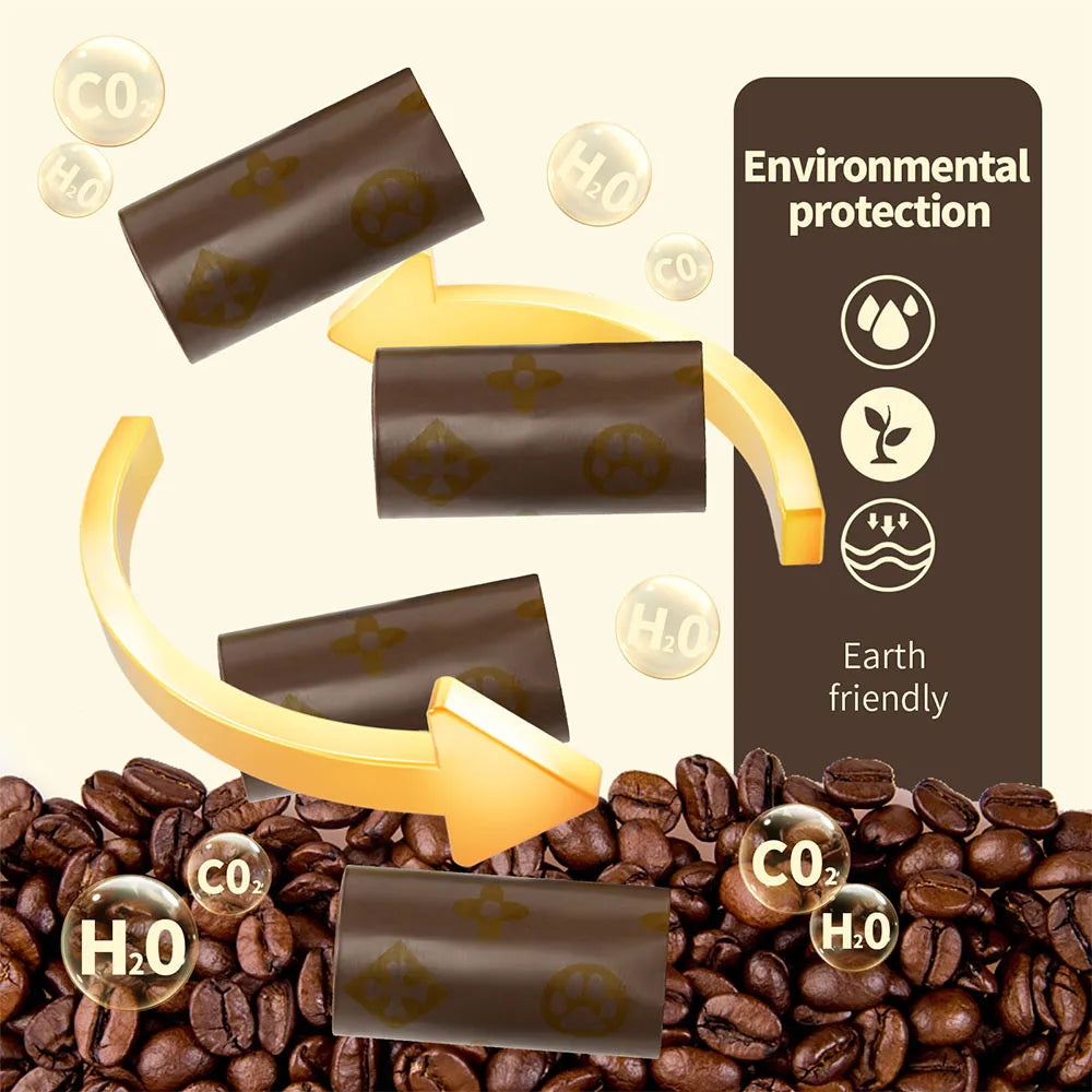 Biodegradable scented dog poop bags shown with surrounding coffee beans and environmental protection icons.