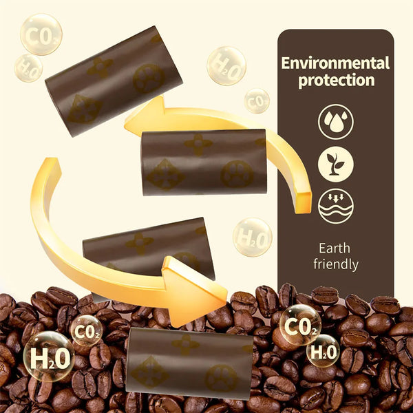 Biodegradable scented dog poop bags shown with surrounding coffee beans and environmental protection icons.