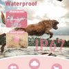 A brown dog is jumping through water, demonstrating the waterproof and dust-proof features of a training collar.
