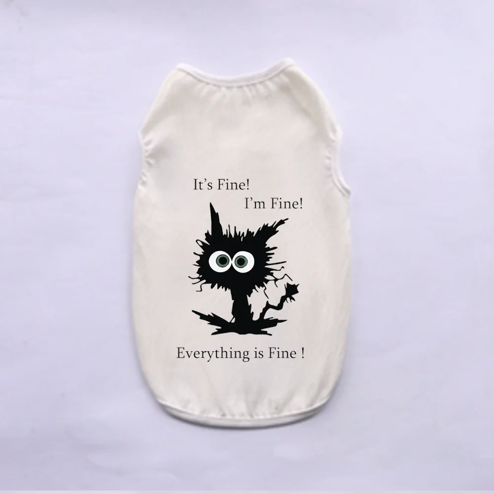 A white breathable summer pet vest with a black graphic featuring a surprised-looking cat face and text.