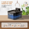 Fontaine à eau automatique noire sur une surface en bois avec de la verdure et un diagramme de l'eau