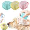 Three silicone pet bathers in mint green, yellow, and pink are shown alongside a hand washing a golden retriever.