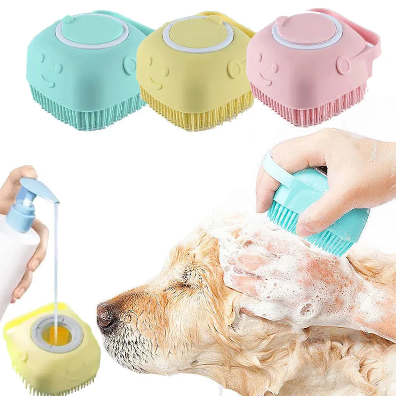 Three silicone pet bathers in mint green, yellow, and pink are shown alongside a hand washing a golden retriever.