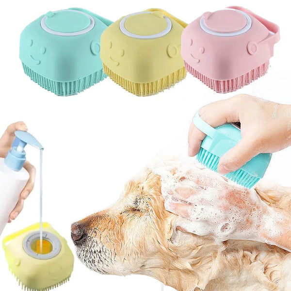 Three silicone pet bathers in mint green, yellow, and pink are shown alongside a hand washing a golden retriever.
