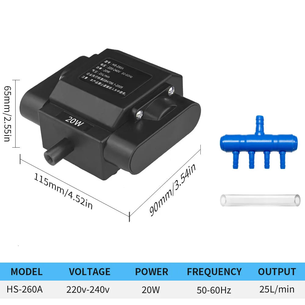 Black aquarium air pump with accessories showing dimensions and specifications