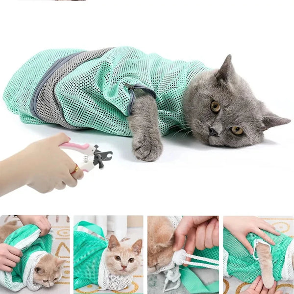 A gray cat is placed inside a green mesh grooming bag with an adjustable restraint device.