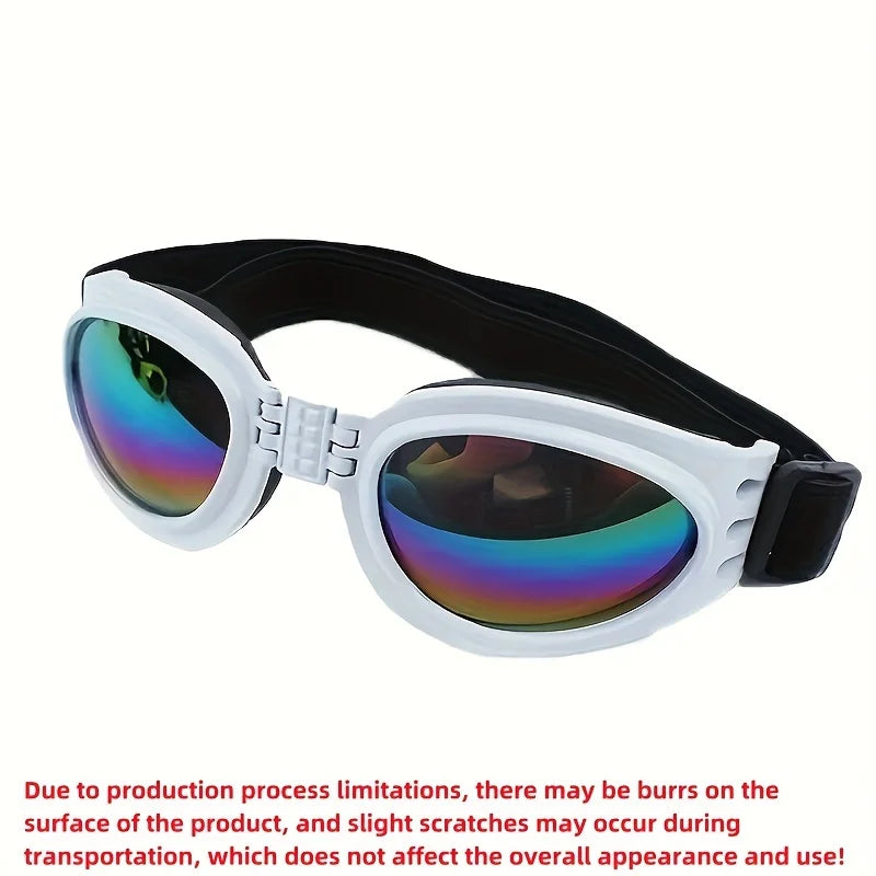 White collapsible dog sunglasses with black frames and iridescent lenses