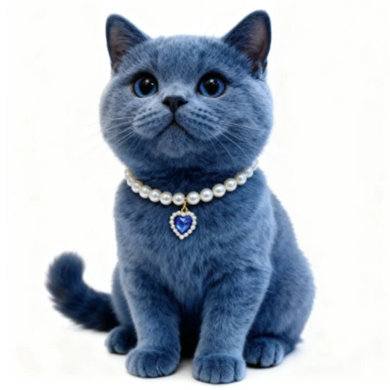 A fluffy blue-gray cat wearing a pearl necklace and collar.