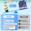 Comparison showing water purification tablets versus cleaning solution, highlighting savings and precise dosage control.