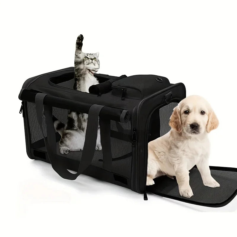 Schwarzer, weicher Transportbehälter für Haustiere mit einer Katze und einem Welpen drinnen.