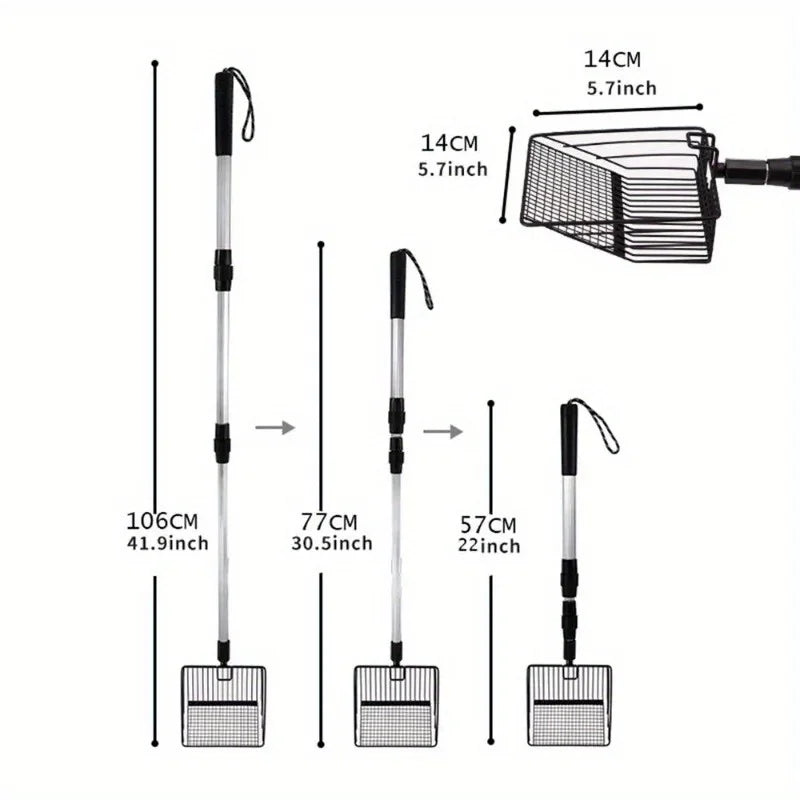 A set of stainless steel poop scoopers shown in various lengths and angles for cleaning chicken coops, cat litter, or beach c
