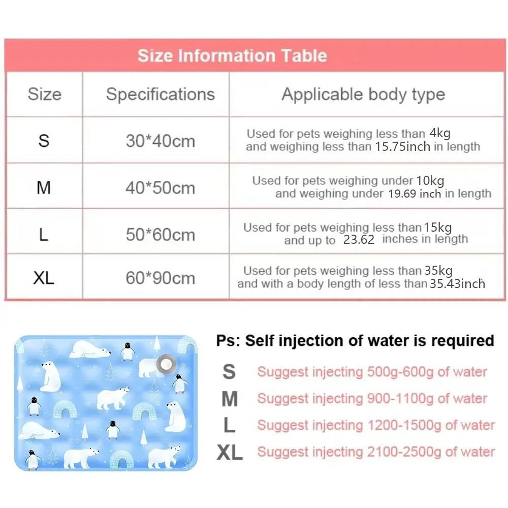 Size information table for pet cooling mats with sizes S M L XL and corresponding specifications
