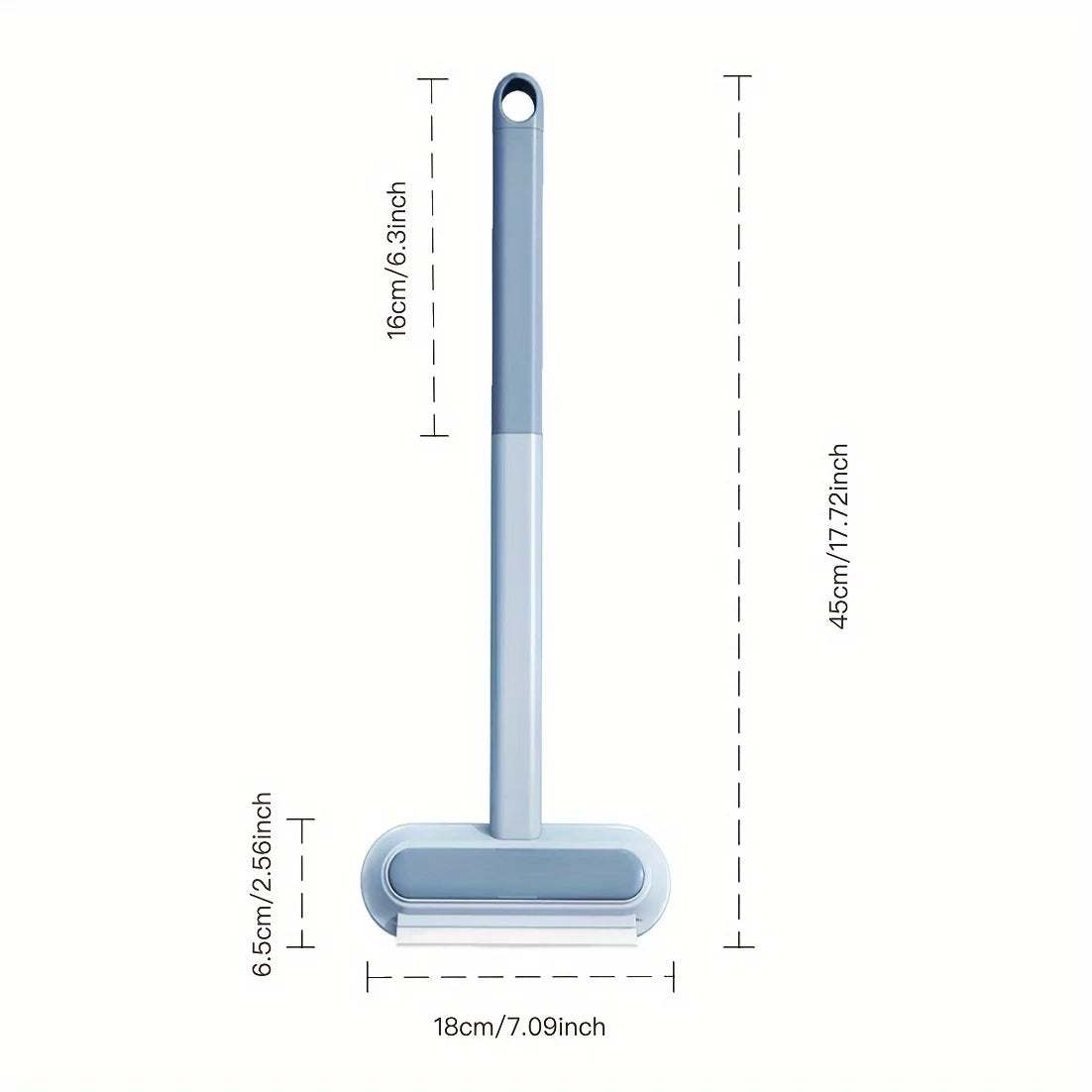 A long, slender light blue reusable dog hair brush with a flat cleaning head.