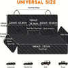 Diagram showing the universal size of a dog car seat cover with various dimensions and features like headrest straps and belt
