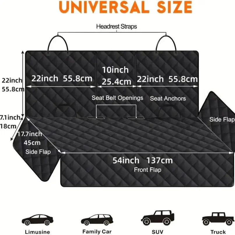 Diagram showing the universal size of a dog car seat cover with various dimensions and features like headrest straps and belt