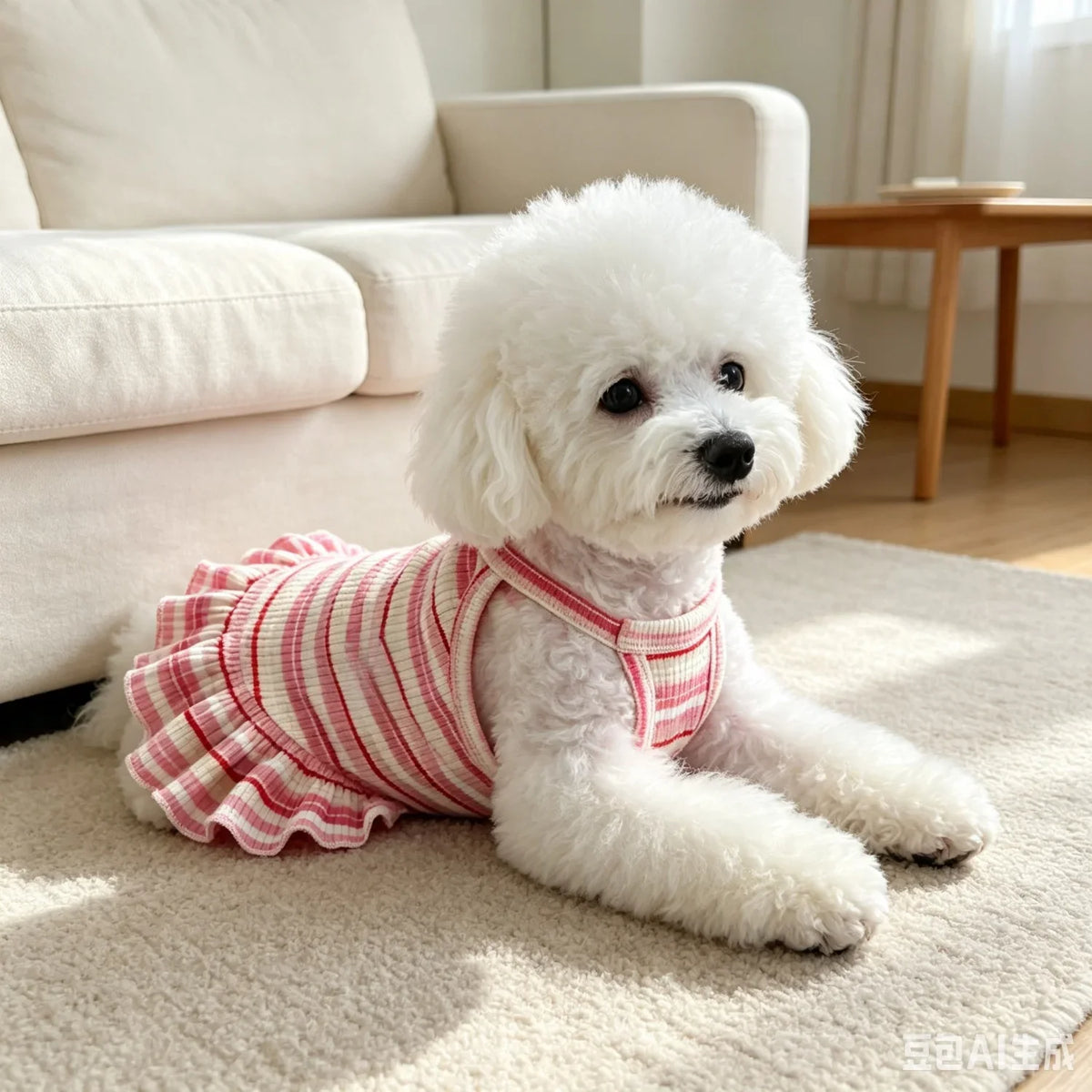 A white poodle wearing a pink and white striped dress with ruffled trim, lying on a light-colored rug.