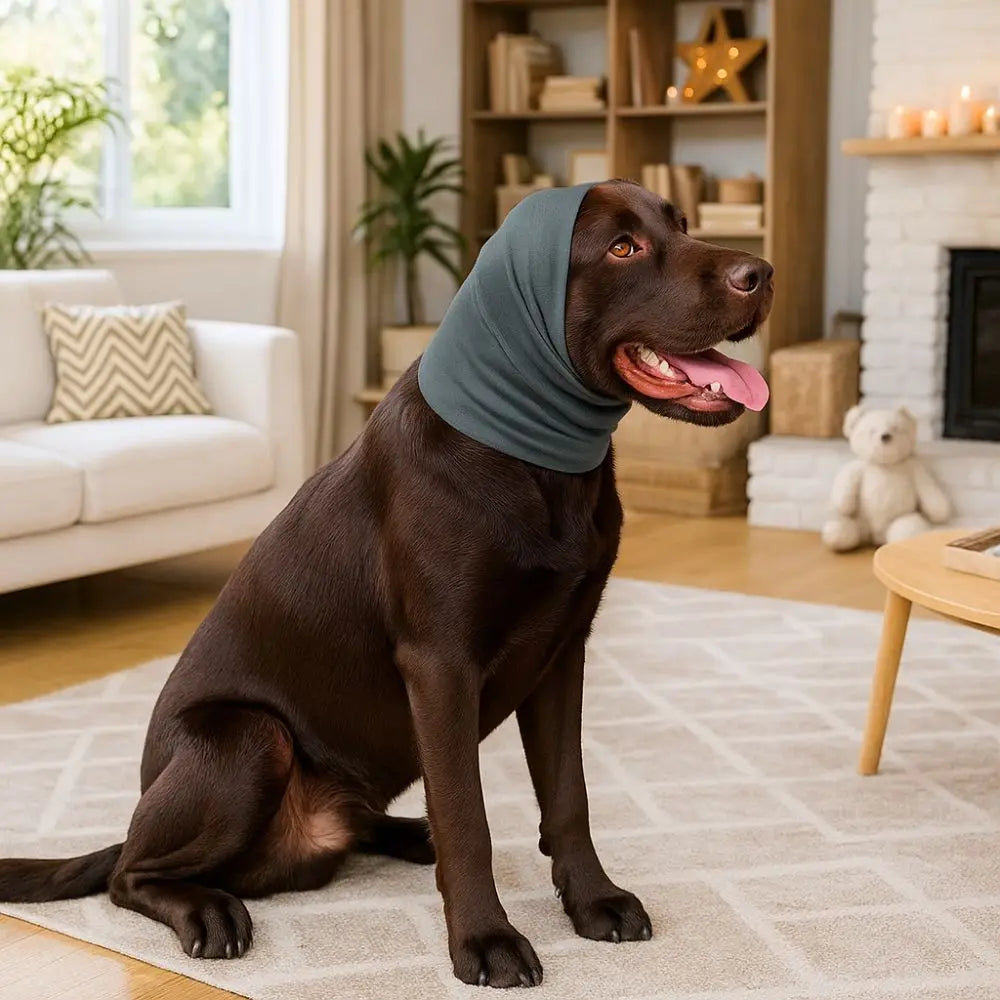 A brown dog wearing a dark gray soothing ear muff sits on a rug indoors.