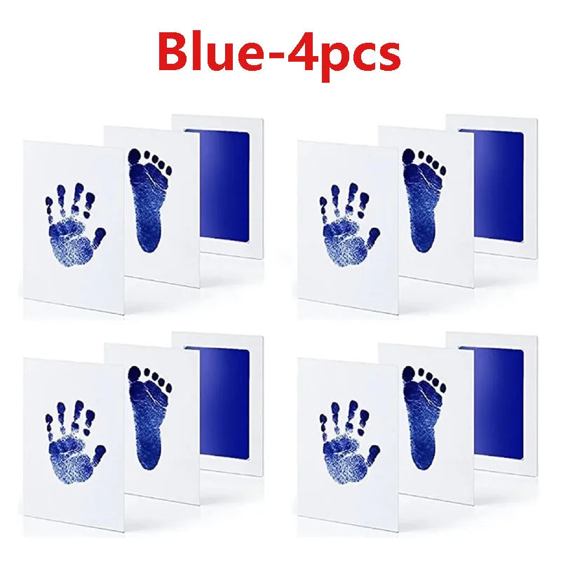 Blue handprint and footprint kits shown in four sets on a white background.