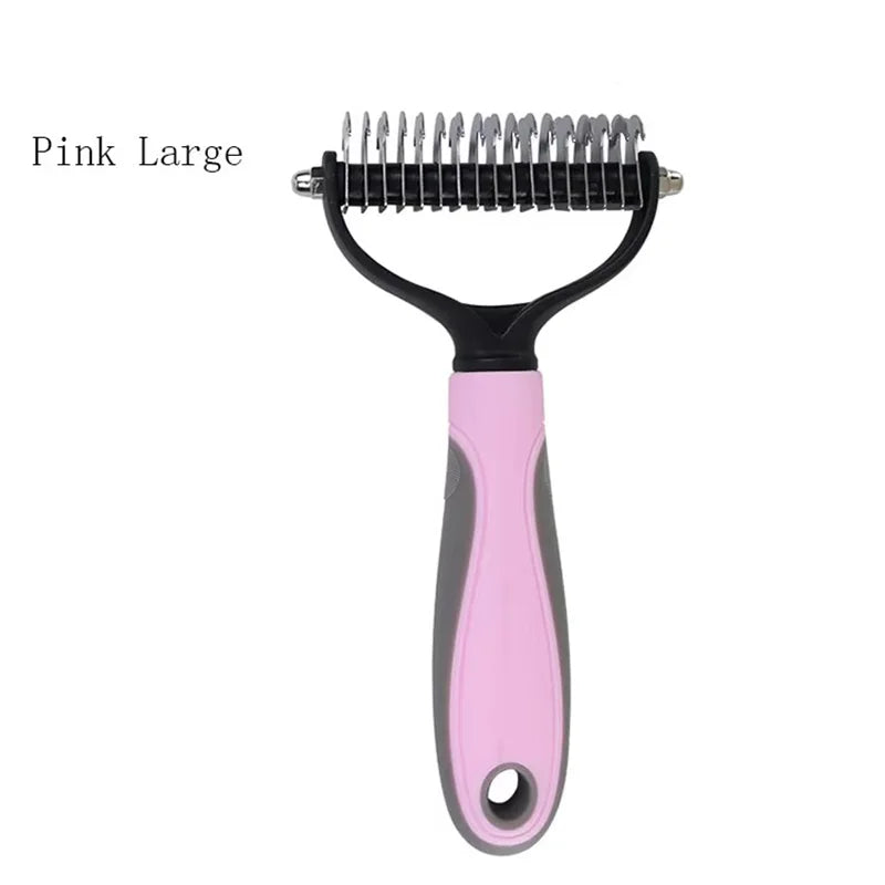 Pink large stainless steel pet hair remover comb with a black handle