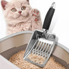 A stainless steel cat litter scoop with a long handle is shown next to a fluffy kitten and loose cat litter.
