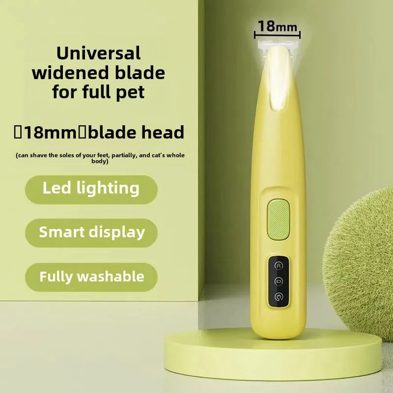 A yellow pet hair trimmer with an 18mm blade head and LED lighting is shown next to a green pet brush.