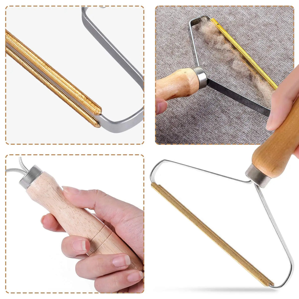 Close-up view of a manual lint remover brush with wooden handles and metal blades used for removing lint and pet hair from fa