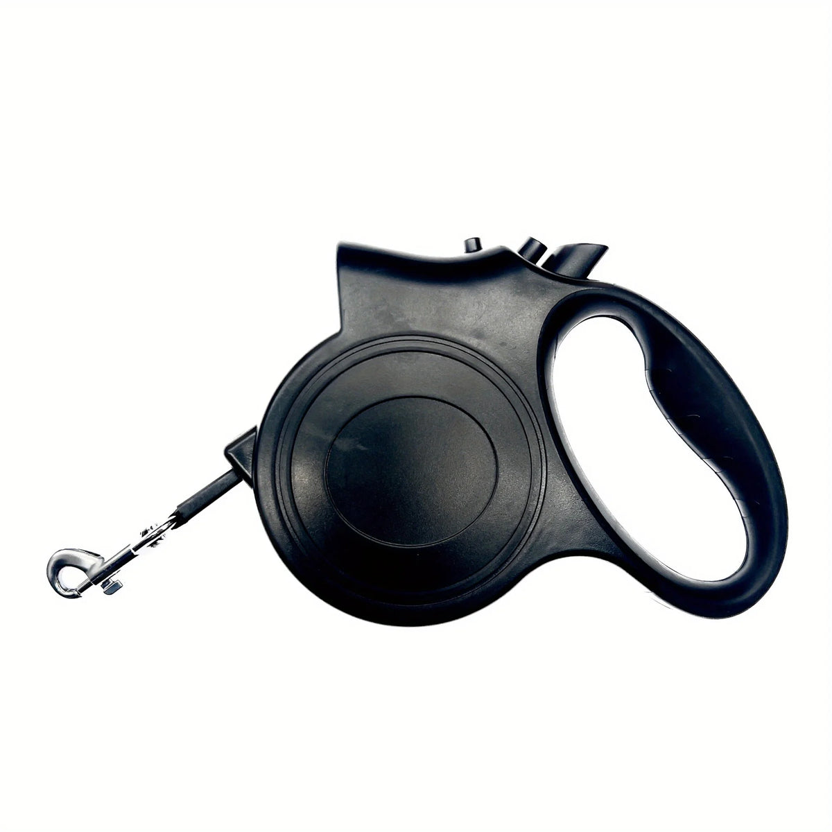 Black illuminated retractable dog leash with a reflective nylon cord.
