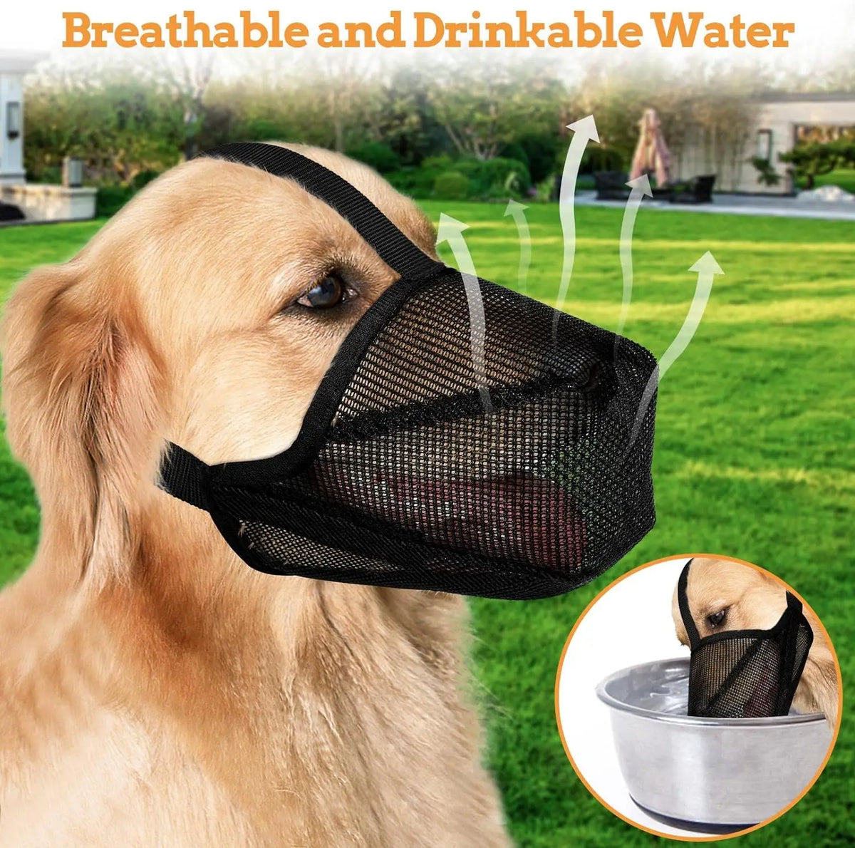 A golden retriever wearing a black comfort mesh dog muzzle with adjustable straps in a grassy outdoor setting.