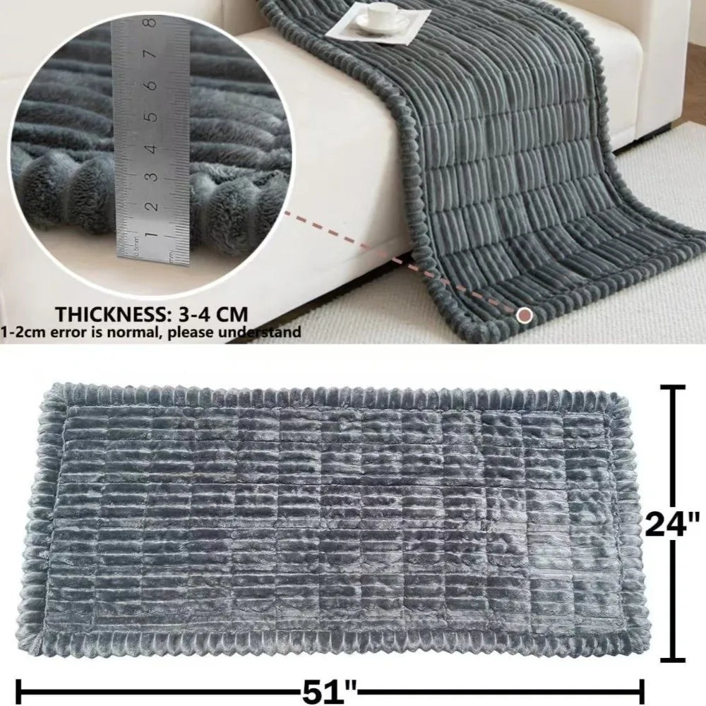 Gray plaid flannel pet seat protector and car mat shown in detail with a measurement scale.