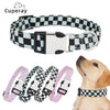 A black and white checker pattern dog collar is shown alongside a pink version and a golden retriever wearing one.
