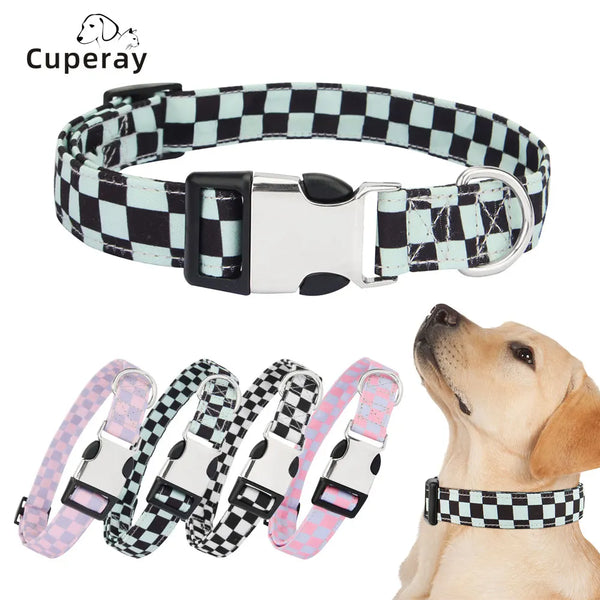 A black and white checker pattern dog collar is shown alongside a pink version and a golden retriever wearing one.