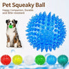 A collection of durable spiky squeaky dog balls in various colors including red, yellow, white, green, blue, and teal.