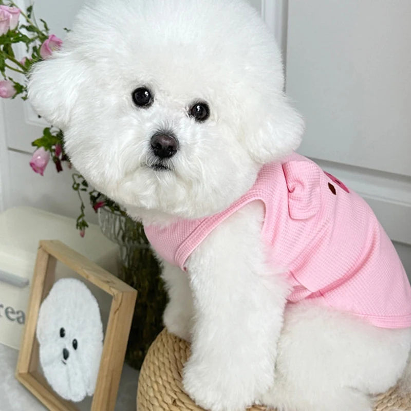 A fluffy white dog wearing a pink waffle knit vest, sitting on a woven surface.