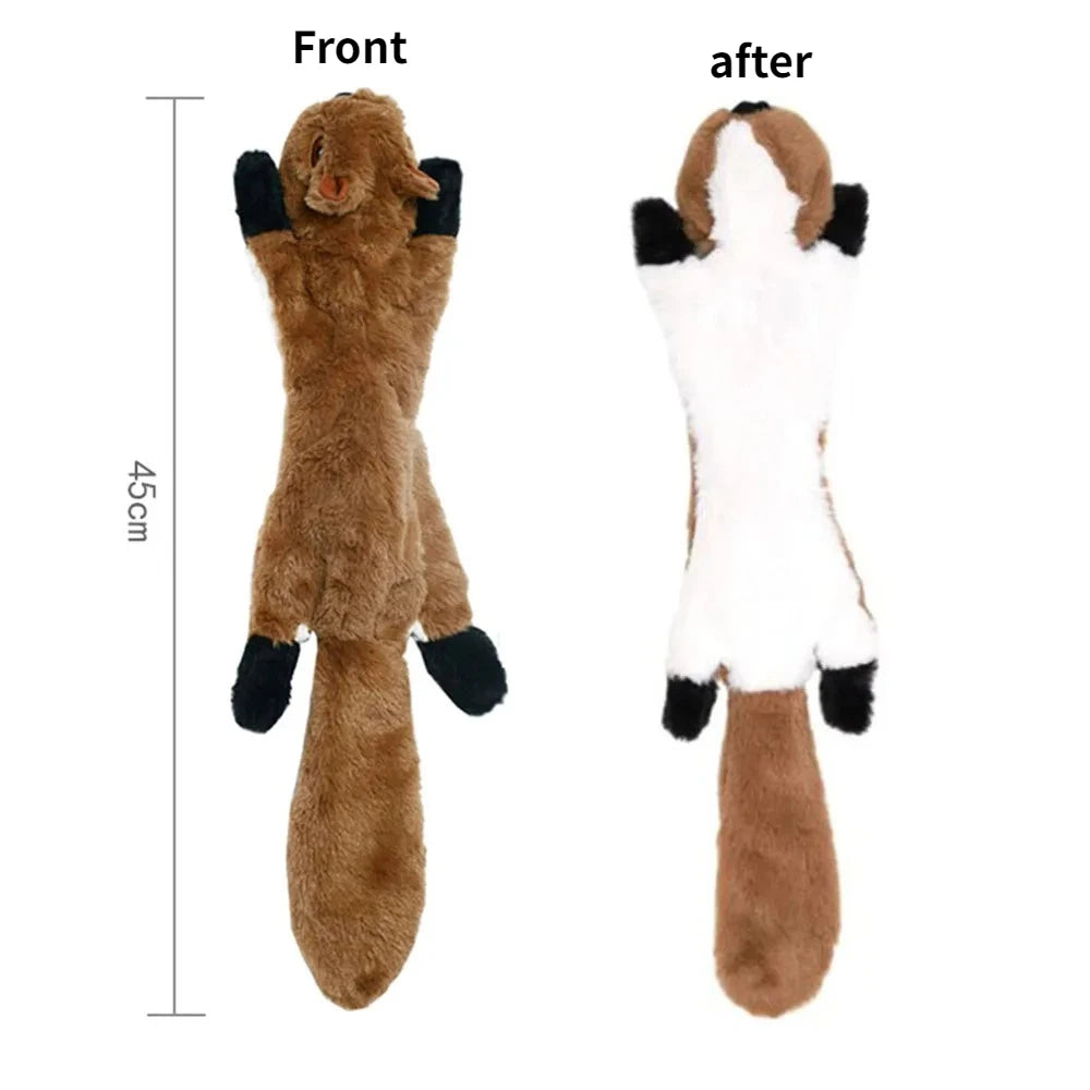 Front and after views of a brown plush dog toy with black accents