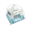 A white breathable mesh foldable pet tent with a light blue and green winter theme for small animals.
