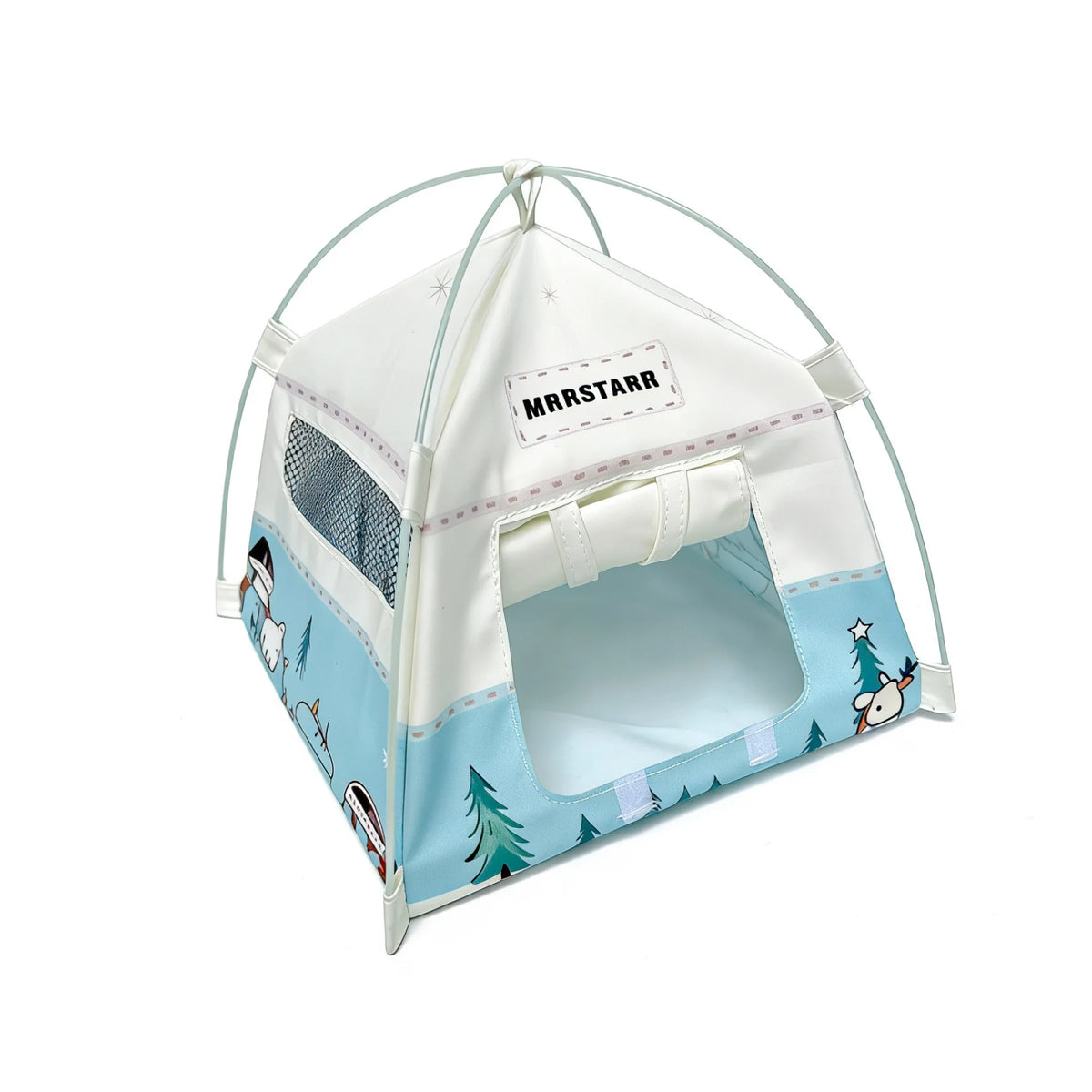 A white breathable mesh foldable pet tent with a light blue and green winter theme for small animals.
