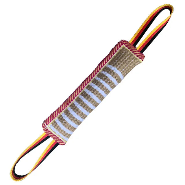 A durable jute dog tug of war training toy with red, white, and black accents.