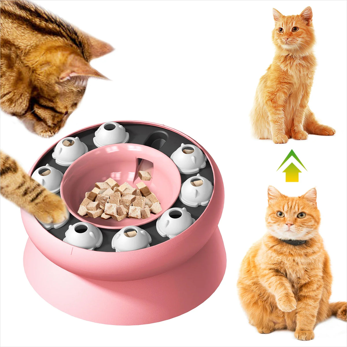 Pinkes interaktives Slow-Feeder-Katzenpuzzle-Schale mit Trockenfutter und einer Katze in der Nähe.