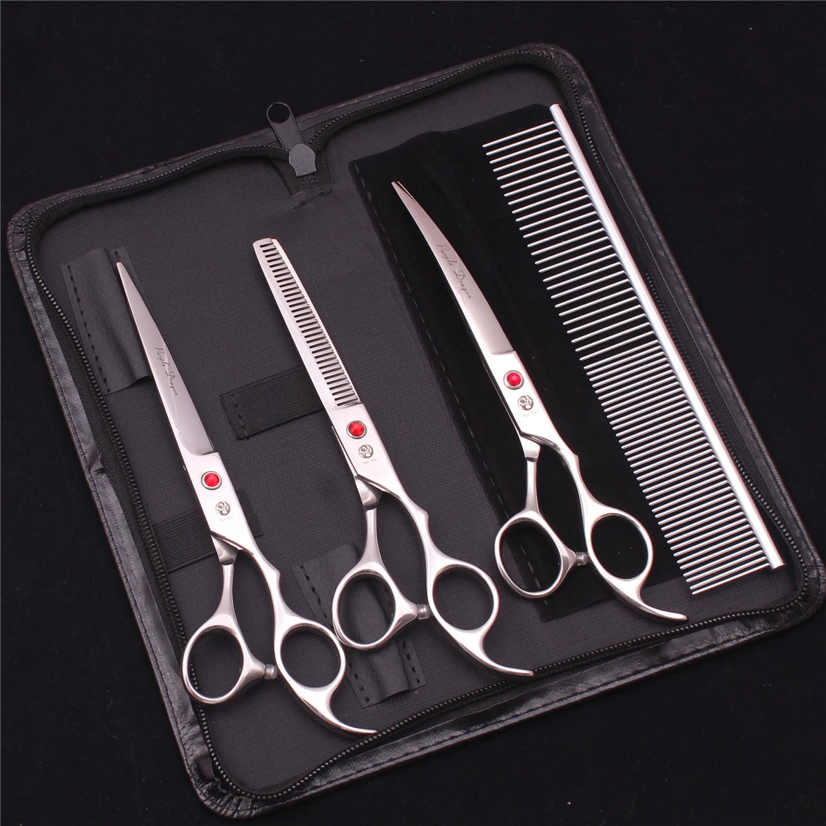 A black case holds a professional stainless steel pet grooming scissors set with a comb.