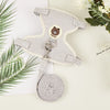 A light gray padded rabbit harness and leash set with a round tag and coiled leash shown on a white surface.