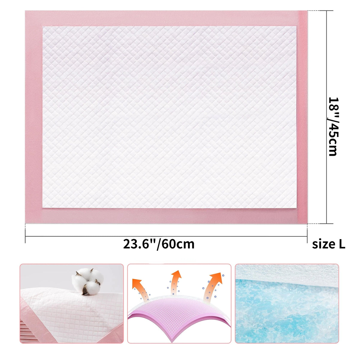 Pink quilted dog pee pads showing the product size and texture, with close-ups of the pads and a blue water effect.