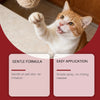An orange and white cat looks at the camera while a product label is displayed.