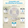 Replacement activated carbon filters for cat water fountains showing various sizes and compatibility options