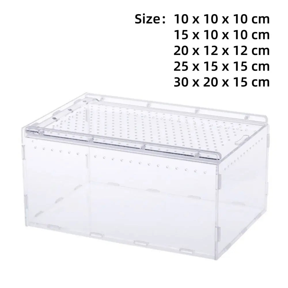 Enclos pour reptiles en plastique transparent avec différentes tailles disponibles.