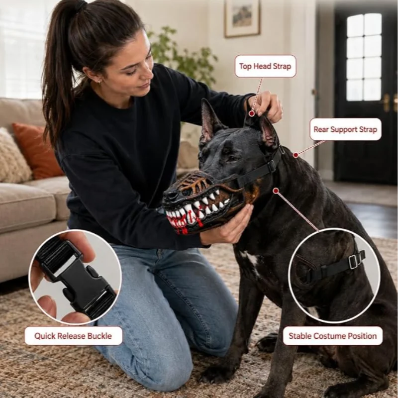 A woman is putting a funny dog muzzle costume on a black dog, showing the quick release buckle and rear support strap feature