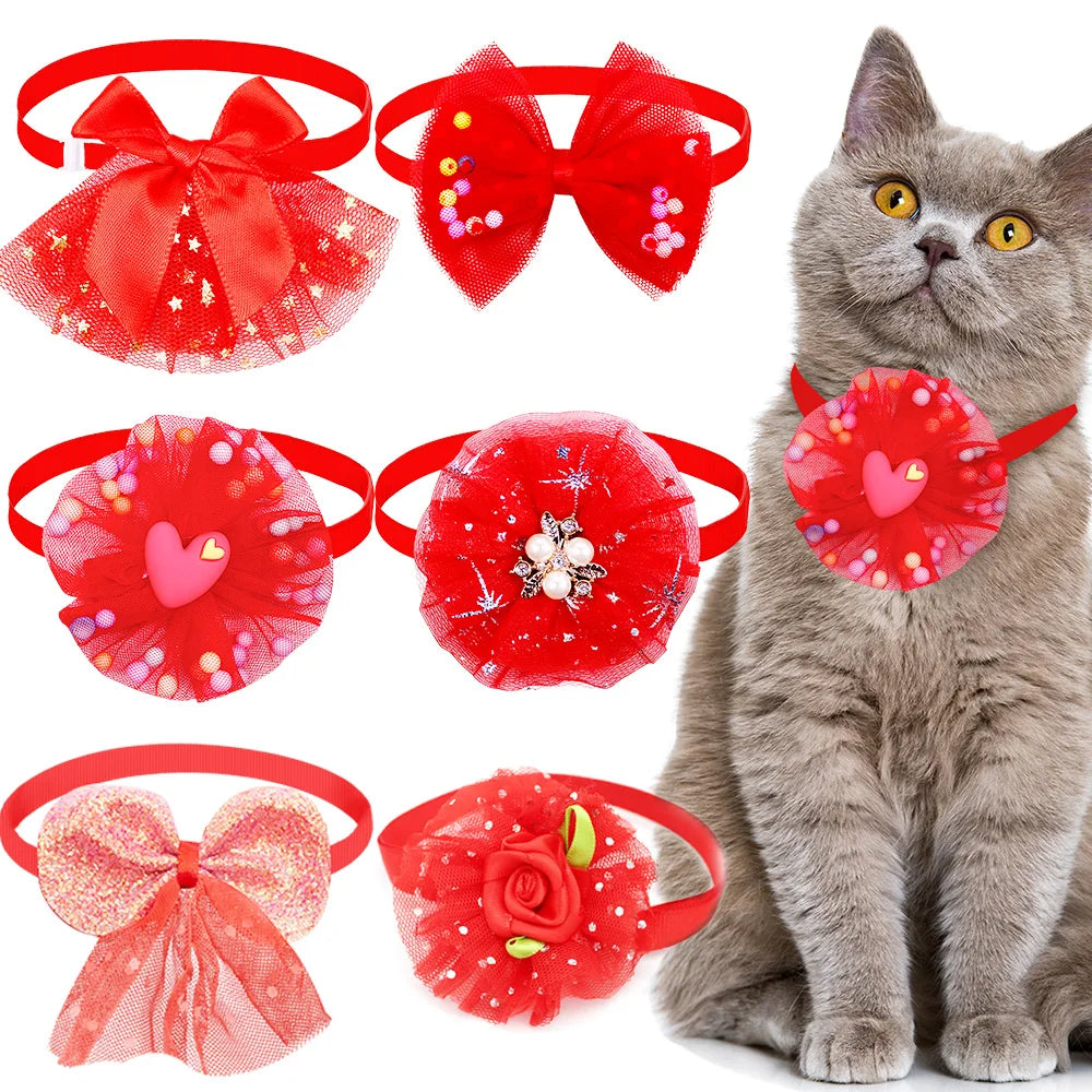 A fluffy gray cat wearing a red lace bow tie collar accessory.