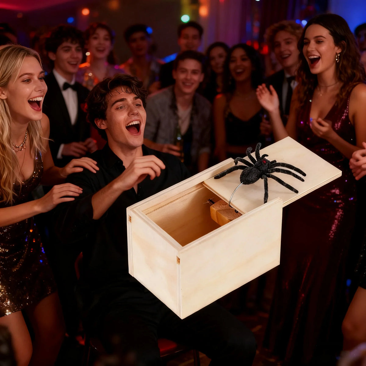 A man in a black shirt is opening a wooden box containing a large, black, artificial spider.