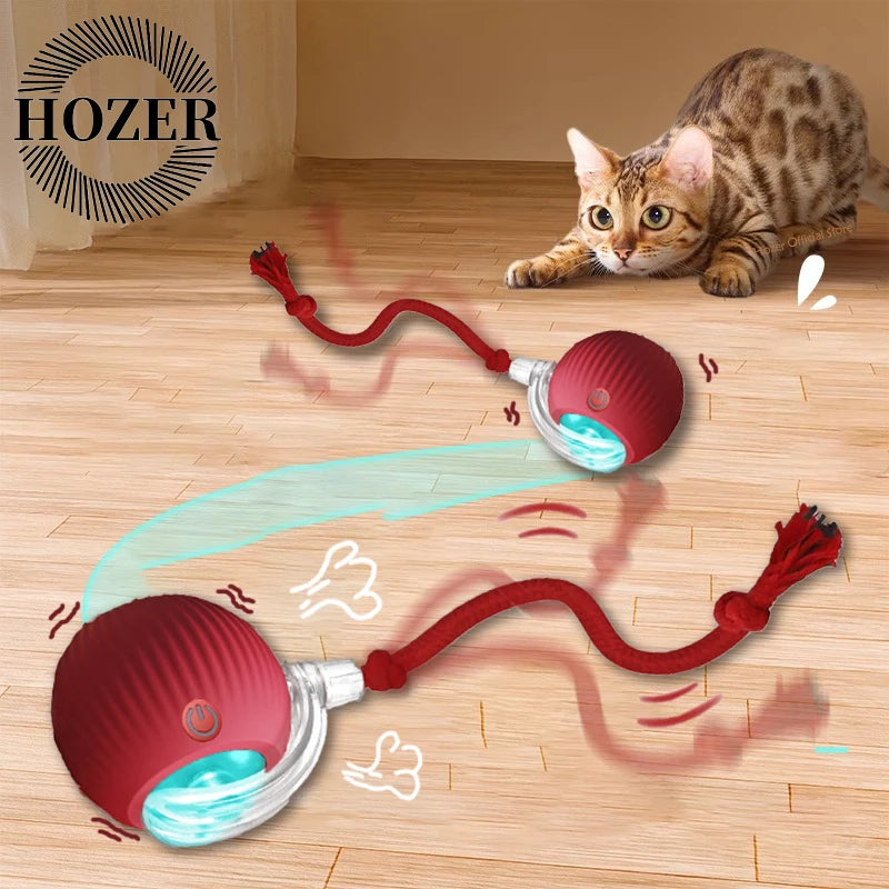 A red automatic interactive cat toy ball with a faux tail is shown illuminating the floor.
