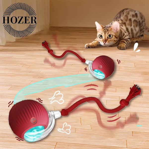 A red automatic interactive cat toy ball with a faux tail is shown illuminating the floor.