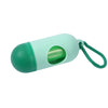 A light green capsule-shaped dispenser for dog poop bags with a carabiner clip.